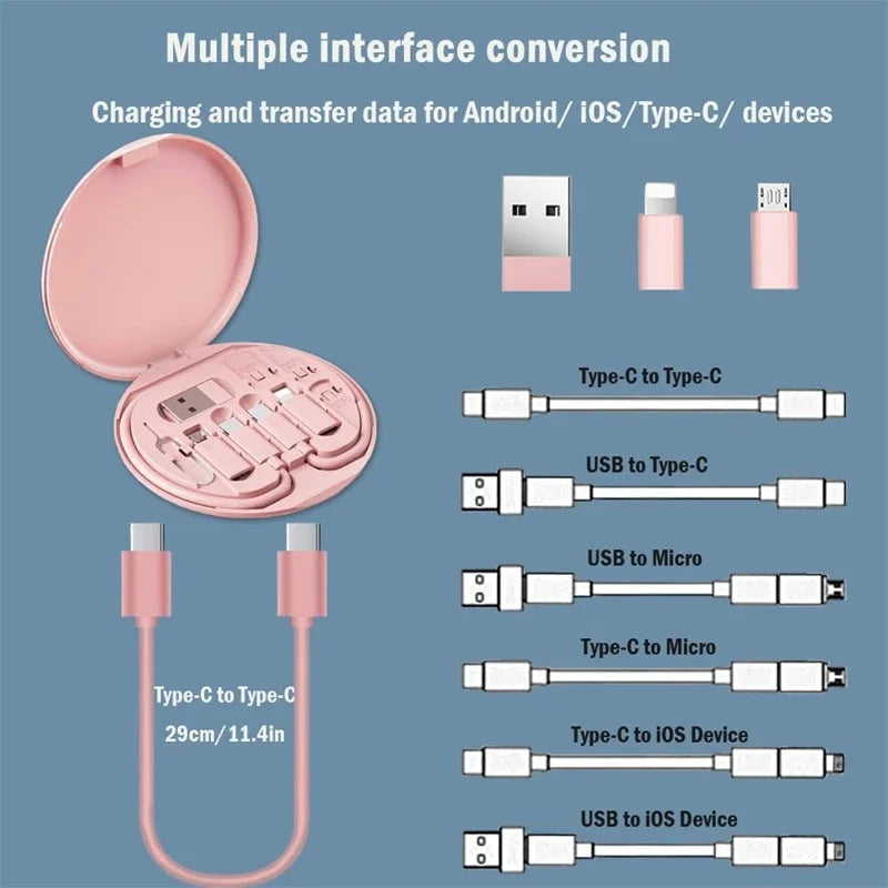 60W Multi Type-C to USB C to Micro USB to Lighting Fast Charging Adapter Kit for Iphone 14 13 15 Pro OTG Converter Storage Box